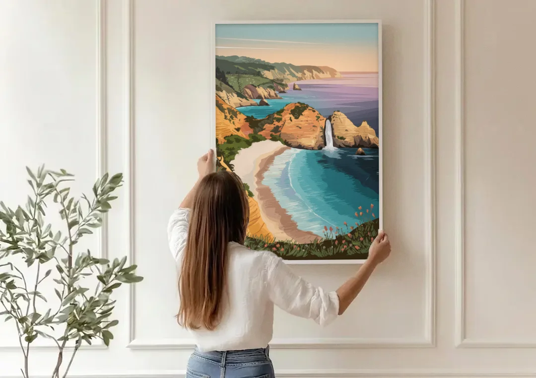 Big Sur Serene Landscape canvas wall art being hung on a paneled wall
