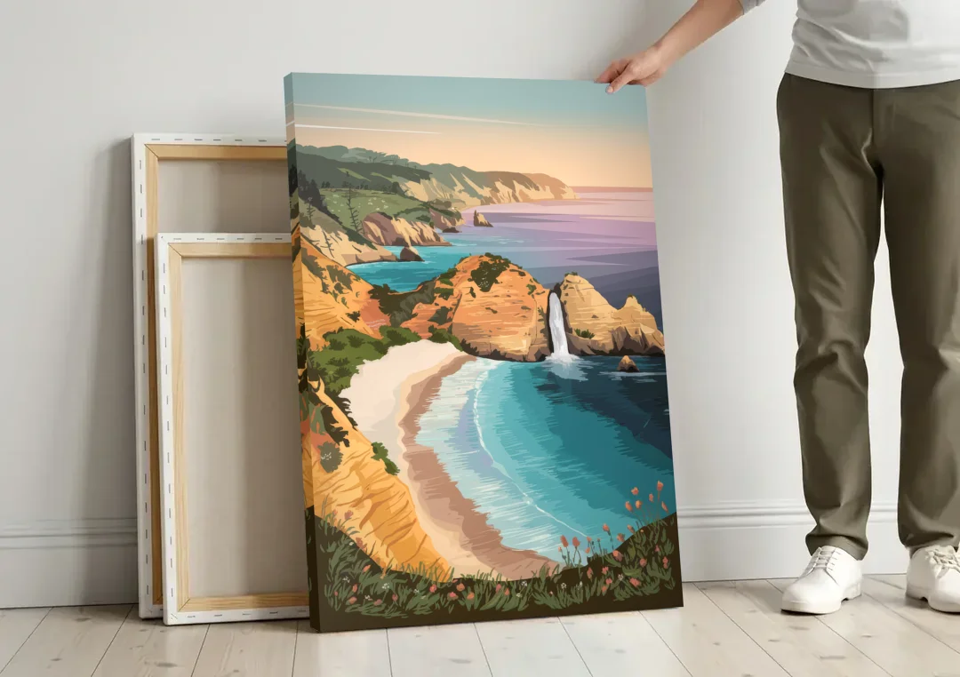 Big Sur Serene Landscape canvas wall art leaning against a wall next to blank canvases