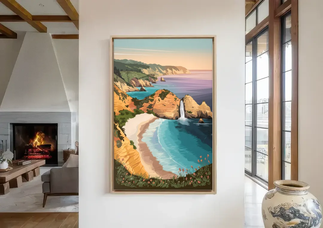 Big Sur Serene Landscape canvas wall art in a living room with a fireplace