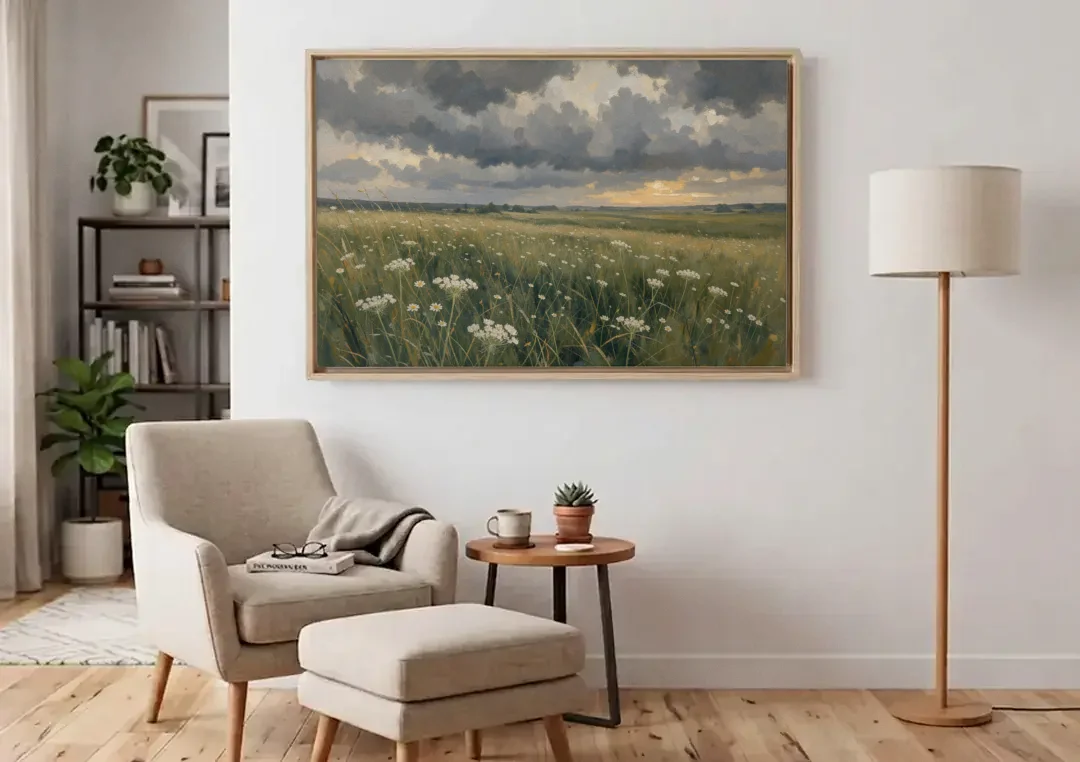 Big Wall Art for Living Room Stormy Meadow canvas wall art above an armchair in a bright living room