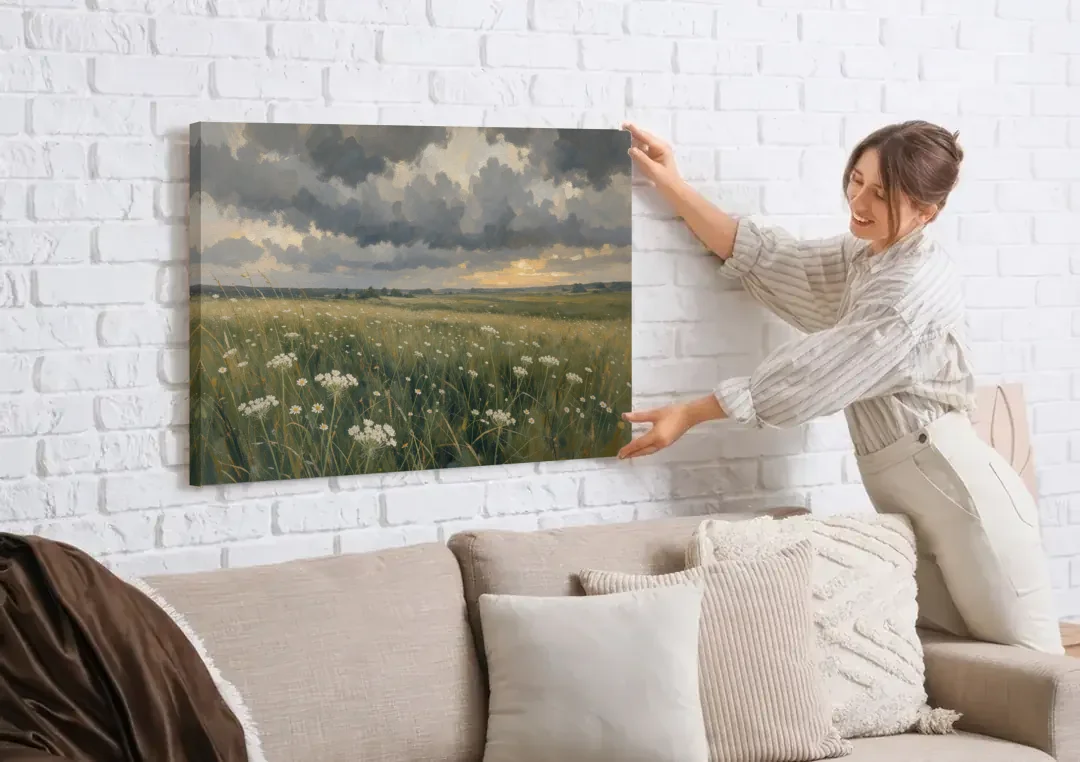 Big Wall Art for Living Room Stormy Meadow canvas wall art being hung on a white brick wall above a sofa
