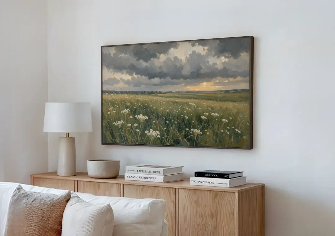 Big Wall Art for Living Room Stormy Meadow canvas wall art above a wooden sideboard next to a sofa