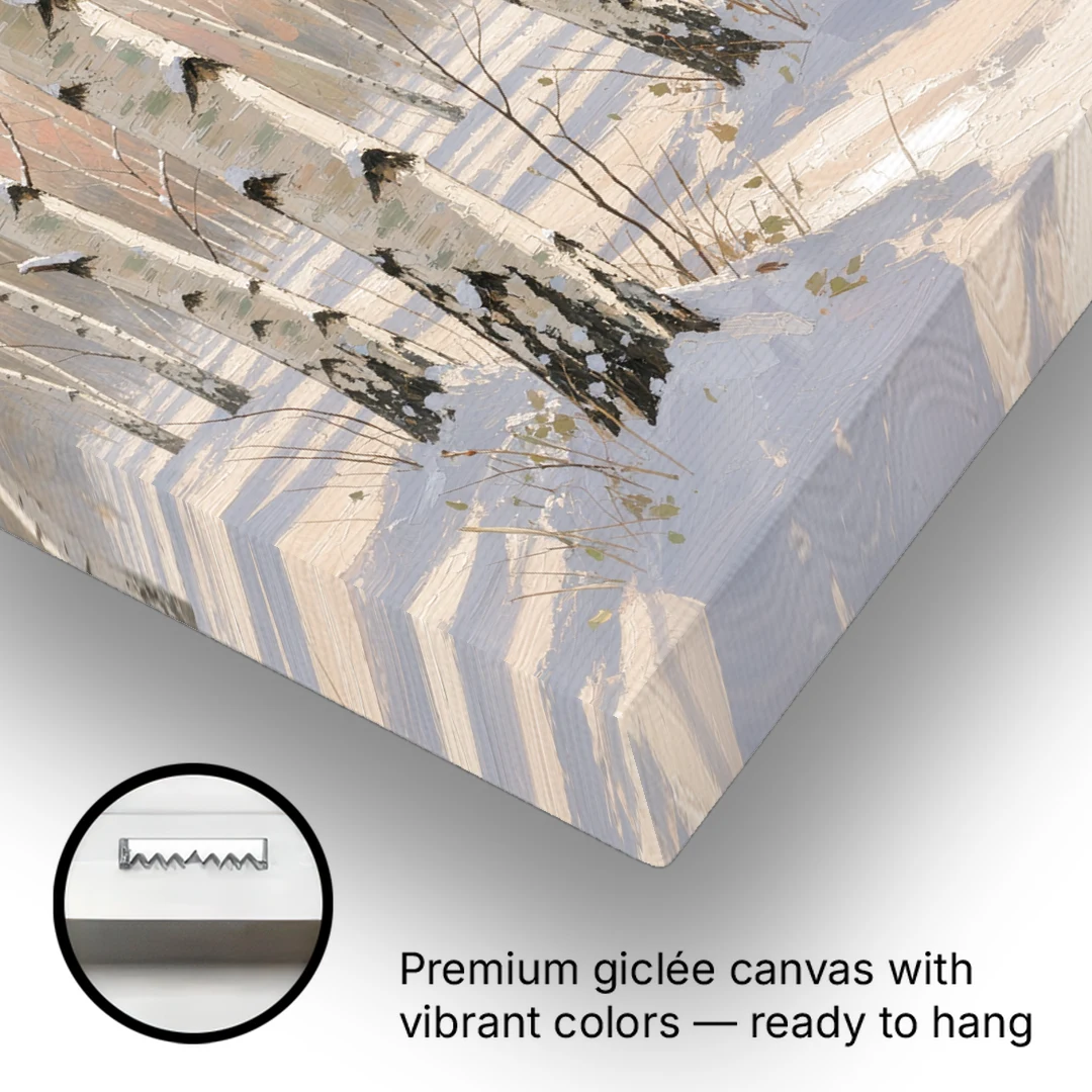 Birch Forest Painting in Morning Snow - Canvas Wall Art - Gallery Wrap Corner