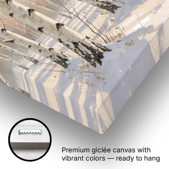 Birch Forest Painting in Morning Snow - Canvas Wall Art - Gallery Wrap Corner