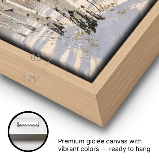 Birch Forest Painting in Morning Snow - Oak Framed Canvas Wall Art - Gallery Wrap Corner