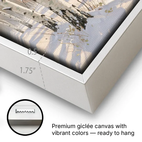Birch Forest Painting in Morning Snow - White Framed Canvas Wall Art - Gallery Wrap Corner