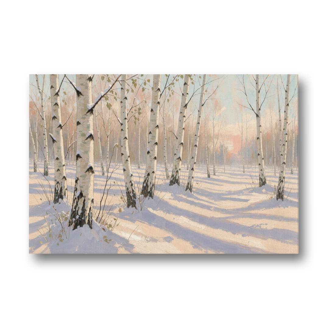 Birch Forest Painting in Morning Snow - Canvas Wall Art - Front