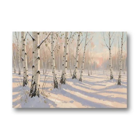 Birch Forest Painting in Morning Snow - Canvas Wall Art - Front