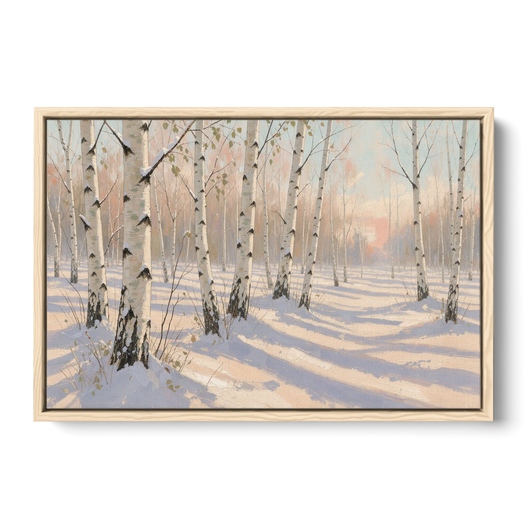 Birch Forest Painting in Morning Snow - Oak Framed Canvas Wall Art - Front