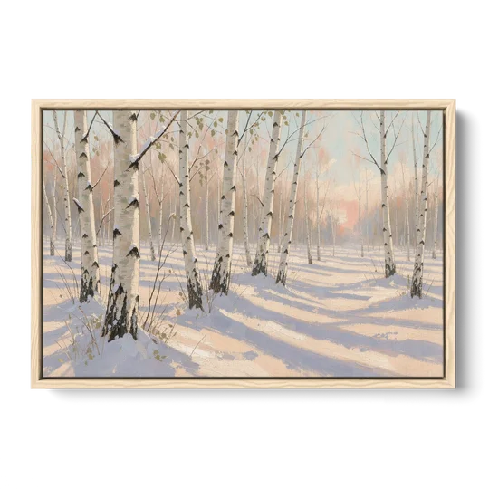 Birch Forest Painting in Morning Snow - Oak Framed Canvas Wall Art - Front