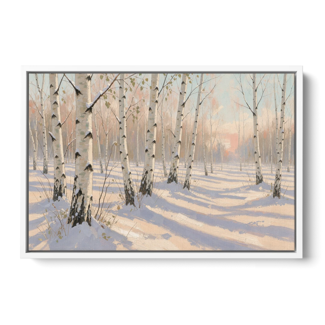 Birch Forest Painting in Morning Snow - White Framed Canvas Wall Art - Front