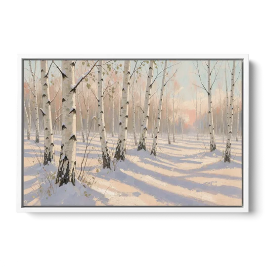 Birch Forest Painting in Morning Snow - White Framed Canvas Wall Art - Front