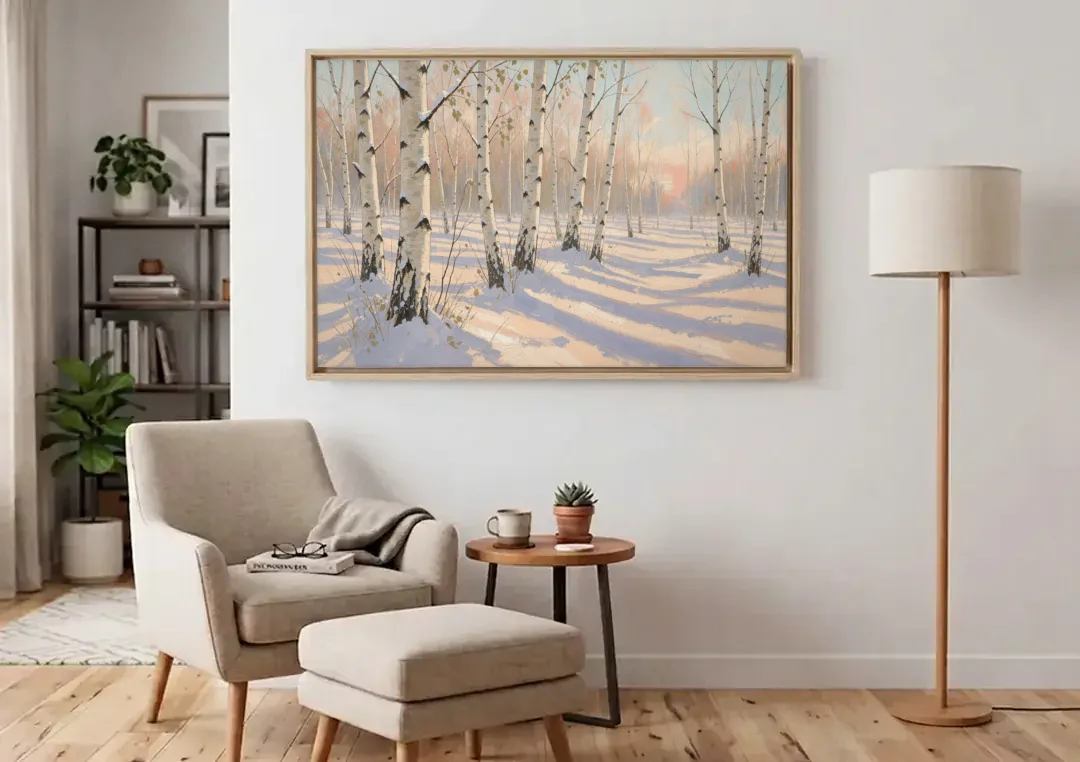 Birch Forest Painting in Morning Snow canvas wall art above an armchair in a bright living room