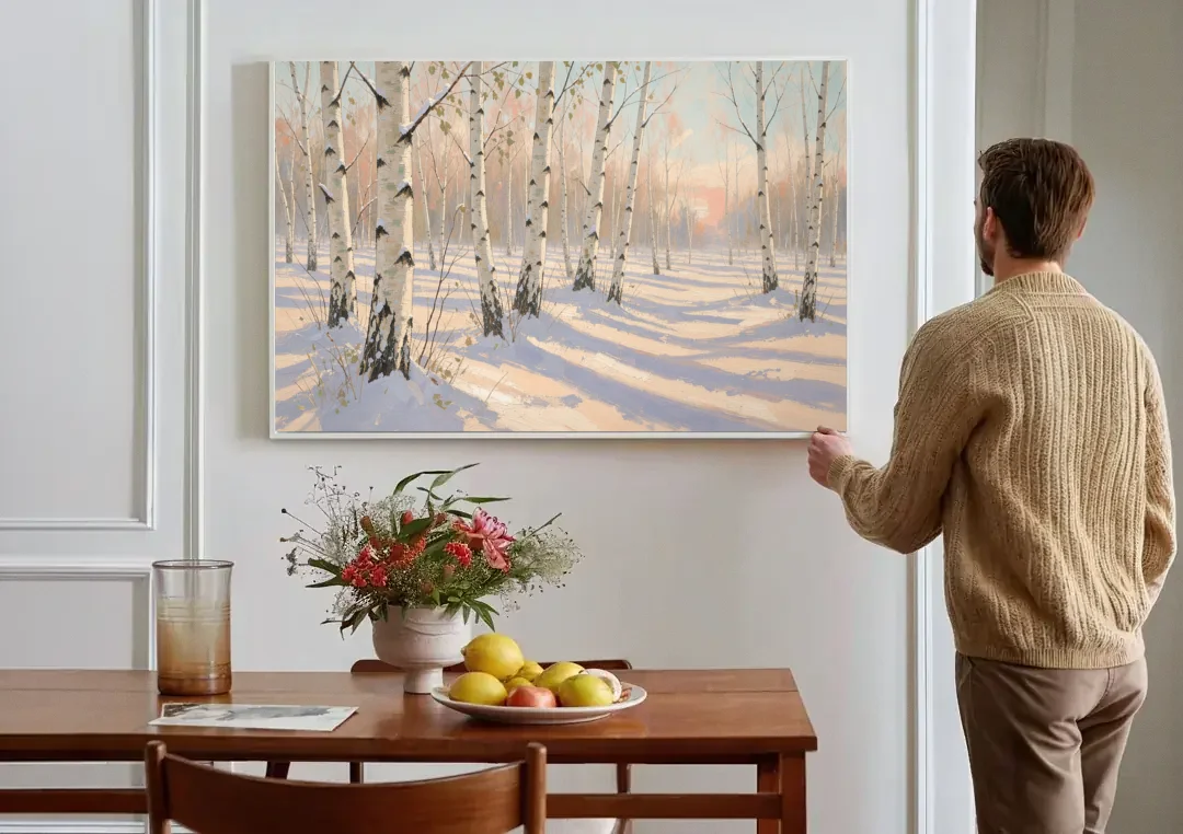 Birch Forest Painting in Morning Snow canvas wall art above a dining table