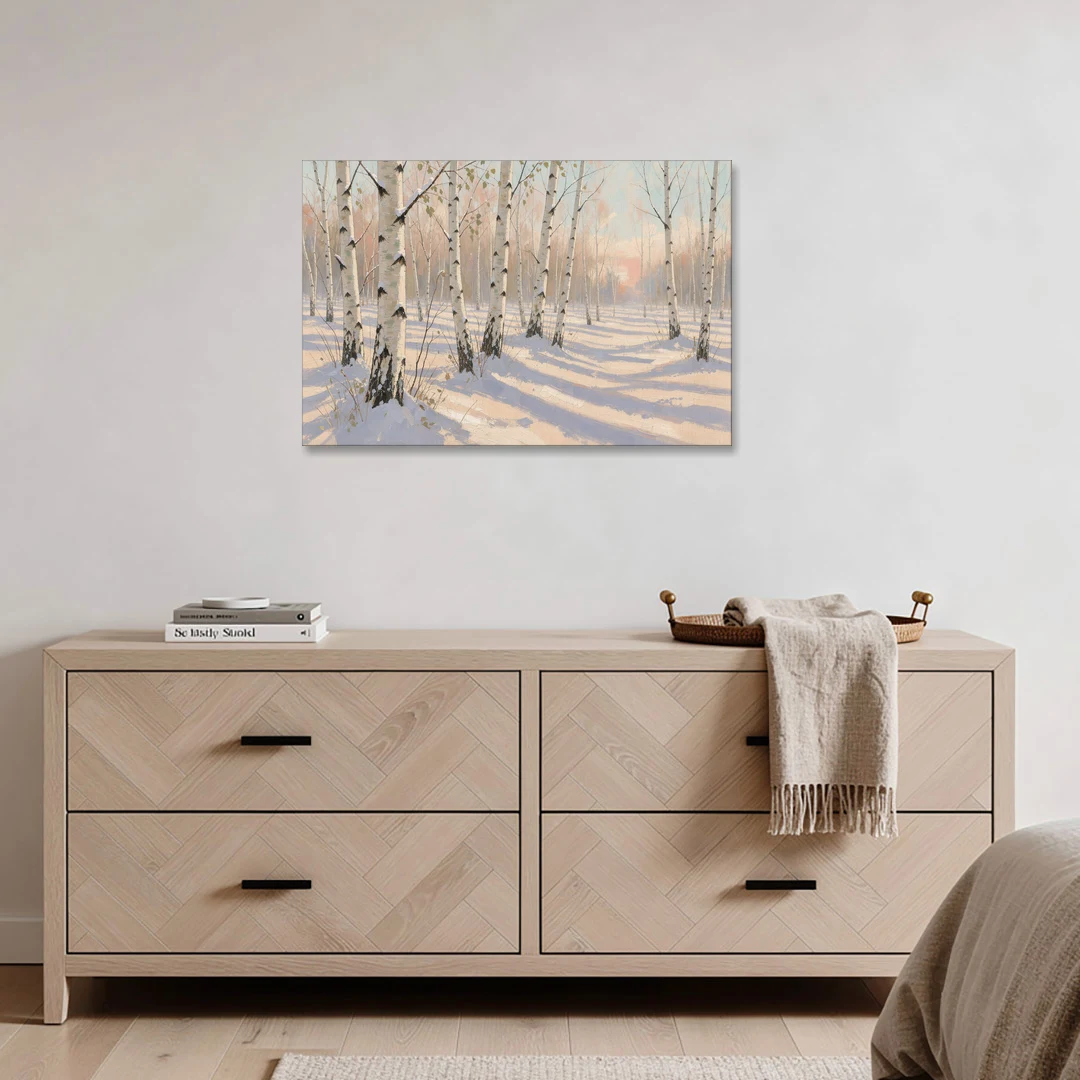 Birch Forest Painting in Morning Snow - Canvas Wall Art - Coffee Table - 36x24