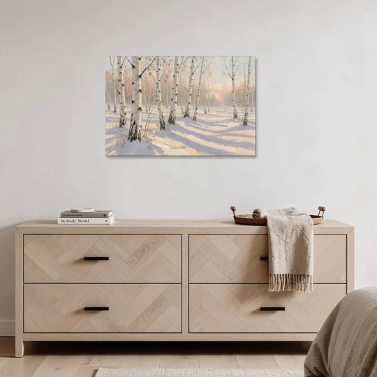 Birch Forest Painting in Morning Snow - Canvas Wall Art - Coffee Table - 36x24