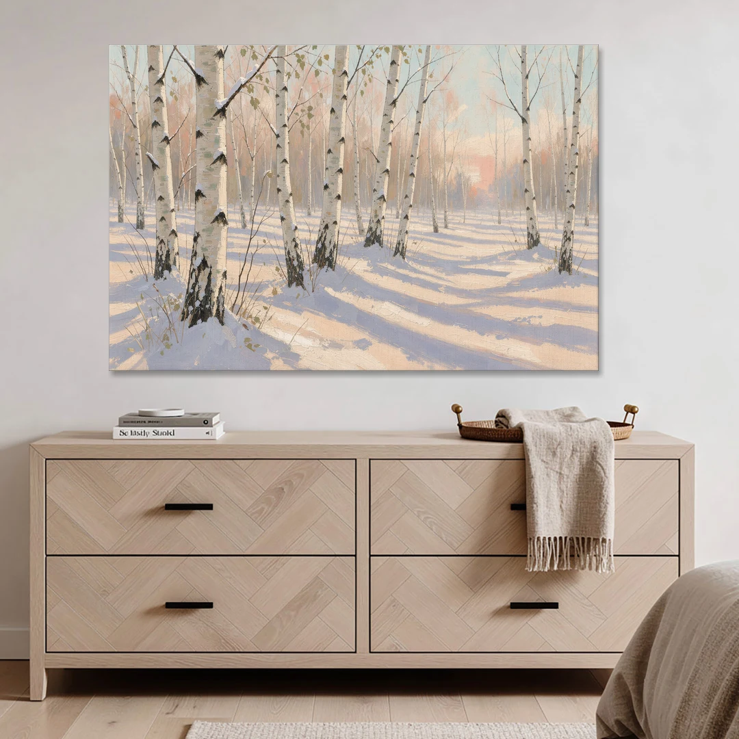 Birch Forest Painting in Morning Snow - Canvas Wall Art - Coffee Table - 60x40