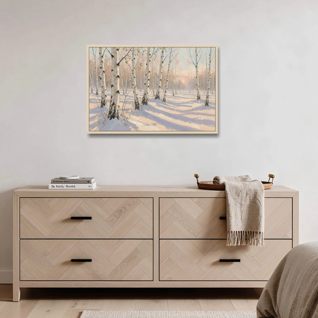 Birch Forest Painting in Morning Snow - Oak Framed Canvas Wall Art - Coffee Table - 36x24