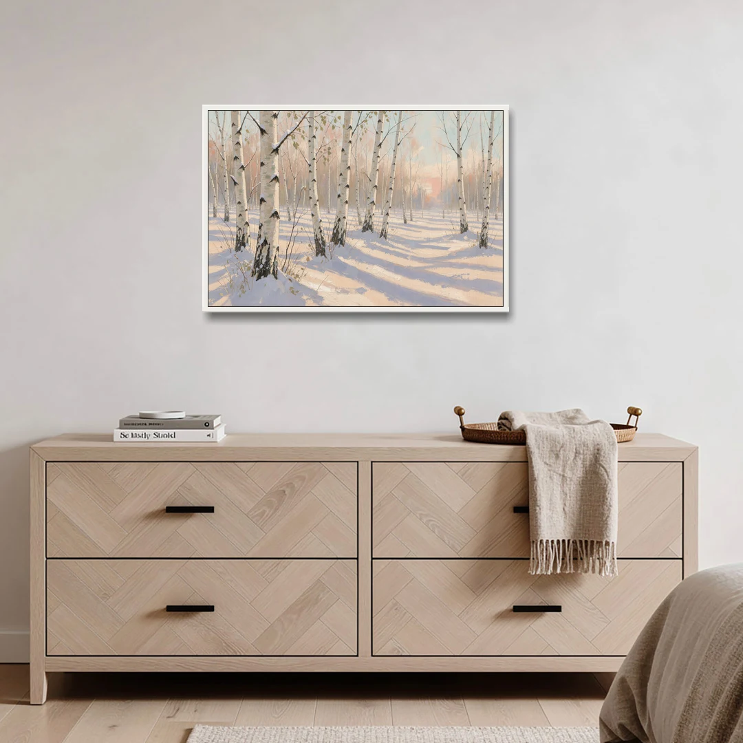 Birch Forest Painting in Morning Snow - White Framed Canvas Wall Art - Coffee Table - 36x24