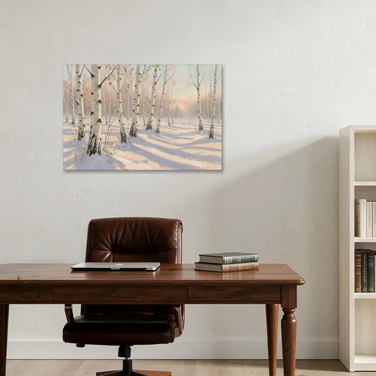 Birch Forest Painting in Morning Snow - Canvas Wall Art - Office - 36x24
