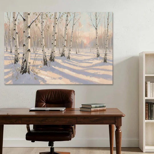Birch Forest Painting in Morning Snow - Canvas Wall Art - Office - 60x40