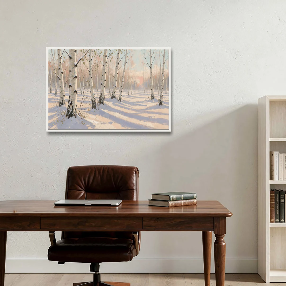 Birch Forest Painting in Morning Snow - White Framed Canvas Wall Art - Office - 36x24