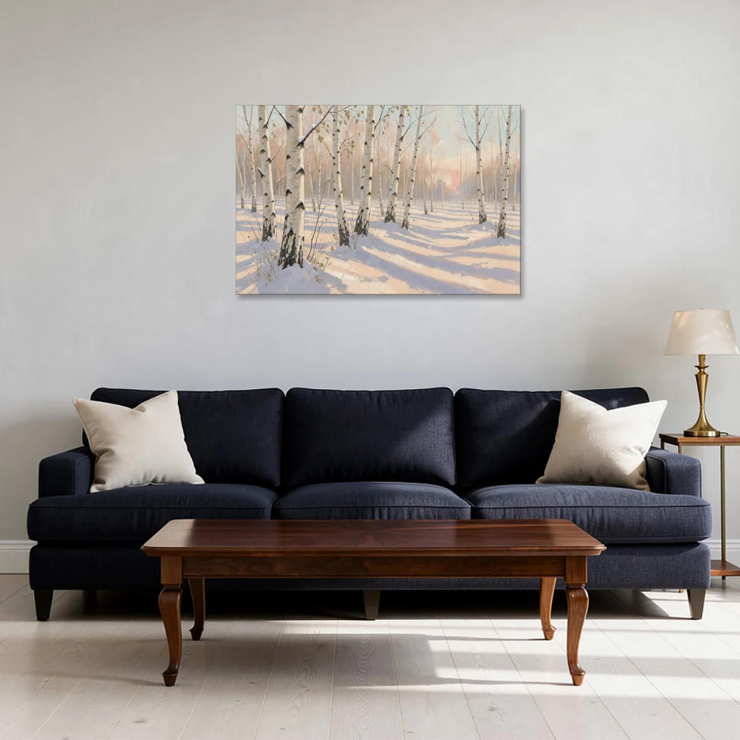 Birch Forest Painting in Morning Snow - Canvas Wall Art - Sofa - 36x24