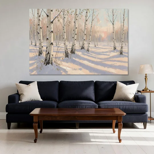 Birch Forest Painting in Morning Snow - Canvas Wall Art - Sofa - 60x40