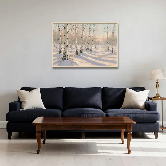 Birch Forest Painting in Morning Snow - Oak Framed Canvas Wall Art - Sofa - 36x24