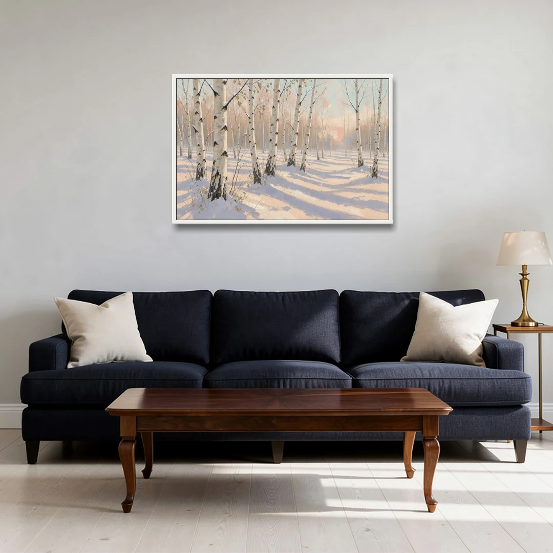 Birch Forest Painting in Morning Snow - White Framed Canvas Wall Art - Sofa - 36x24