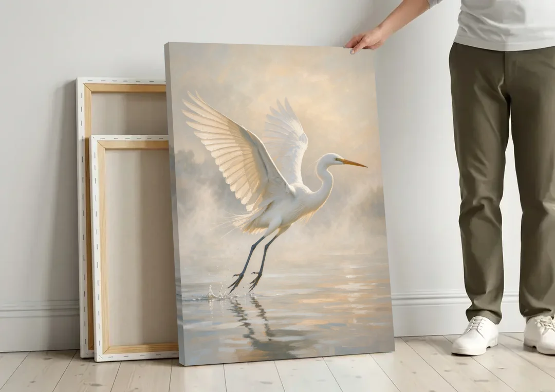 Bird Canvas Wall Art of an Egret Lifting Off canvas wall art leaning against a wall next to blank canvases