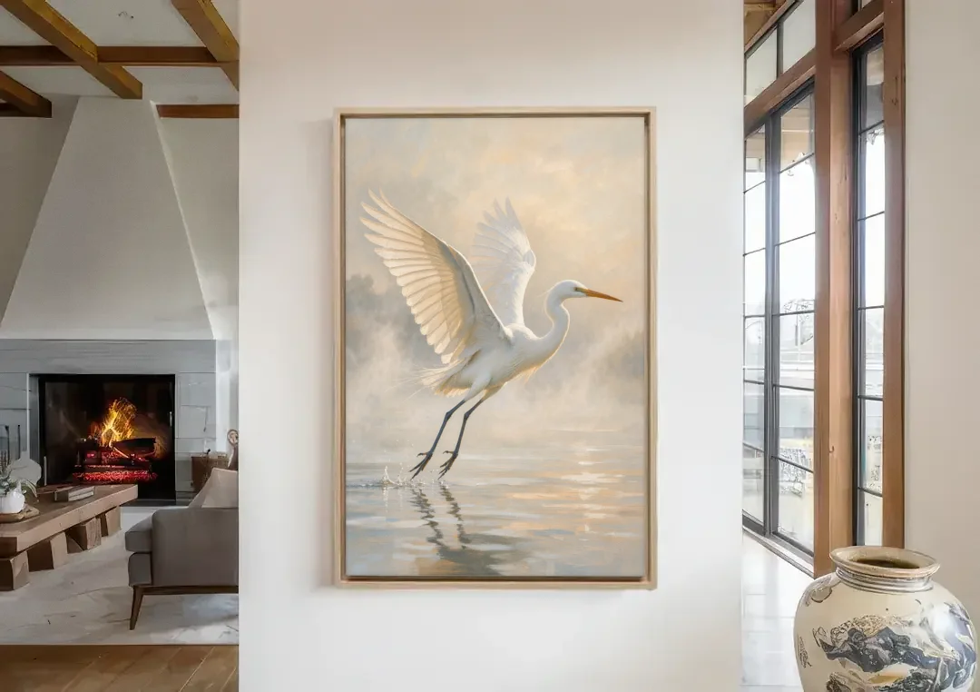 Bird Canvas Wall Art of an Egret Lifting Off canvas wall art in a living room with a fireplace