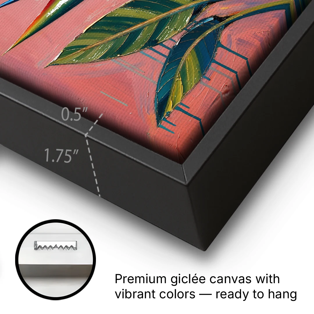 Bird of Paradise Painting in Coral Heat - Black Framed Canvas Wall Art - Gallery Wrap Corner