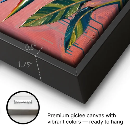 Bird of Paradise Painting in Coral Heat - Black Framed Canvas Wall Art - Gallery Wrap Corner