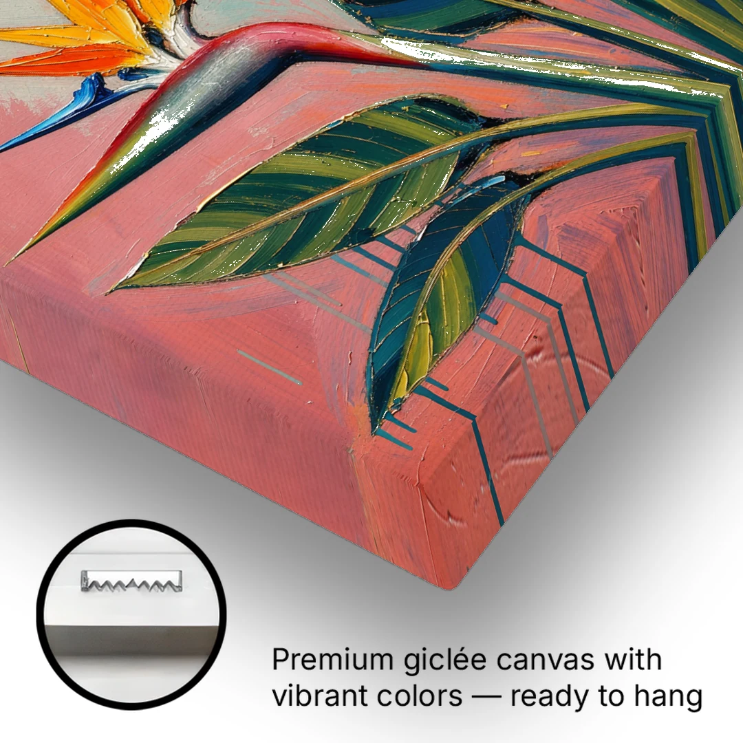 Bird of Paradise Painting in Coral Heat - Canvas Wall Art - Gallery Wrap Corner