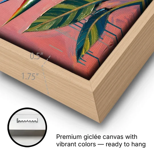 Bird of Paradise Painting in Coral Heat - Oak Framed Canvas Wall Art - Gallery Wrap Corner