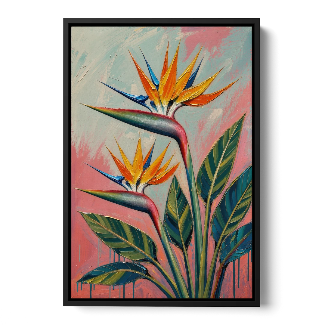 Bird of Paradise Painting in Coral Heat - Black Framed Canvas Wall Art - Front