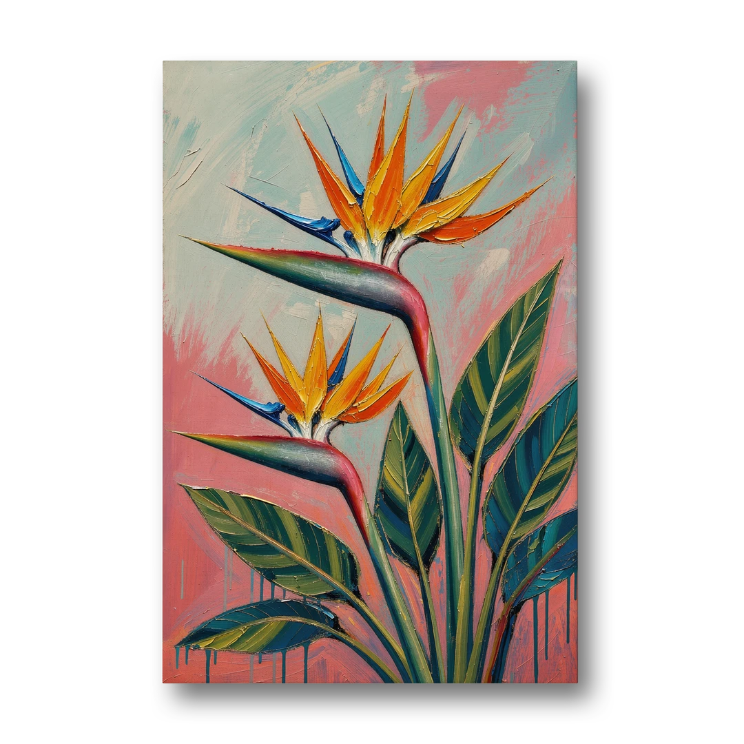 Bird of Paradise Painting in Coral Heat - Canvas Wall Art - Front