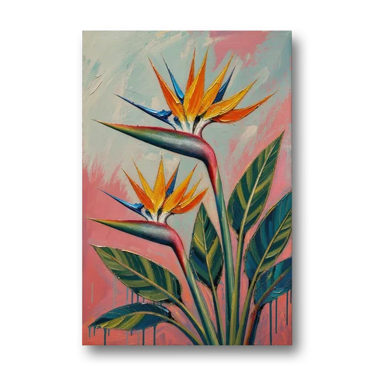 Bird of Paradise Painting in Coral Heat - Canvas Wall Art - Front