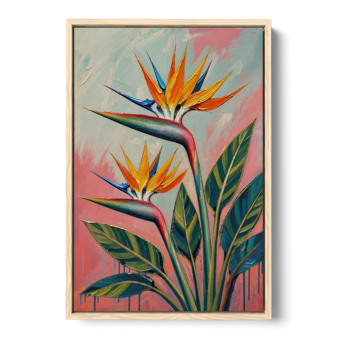 Bird of Paradise Painting in Coral Heat - Oak Framed Canvas Wall Art - Front