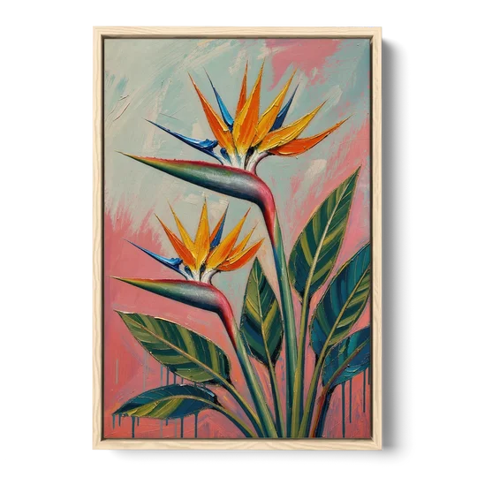 Bird of Paradise Painting in Coral Heat - Oak Framed Canvas Wall Art - Front