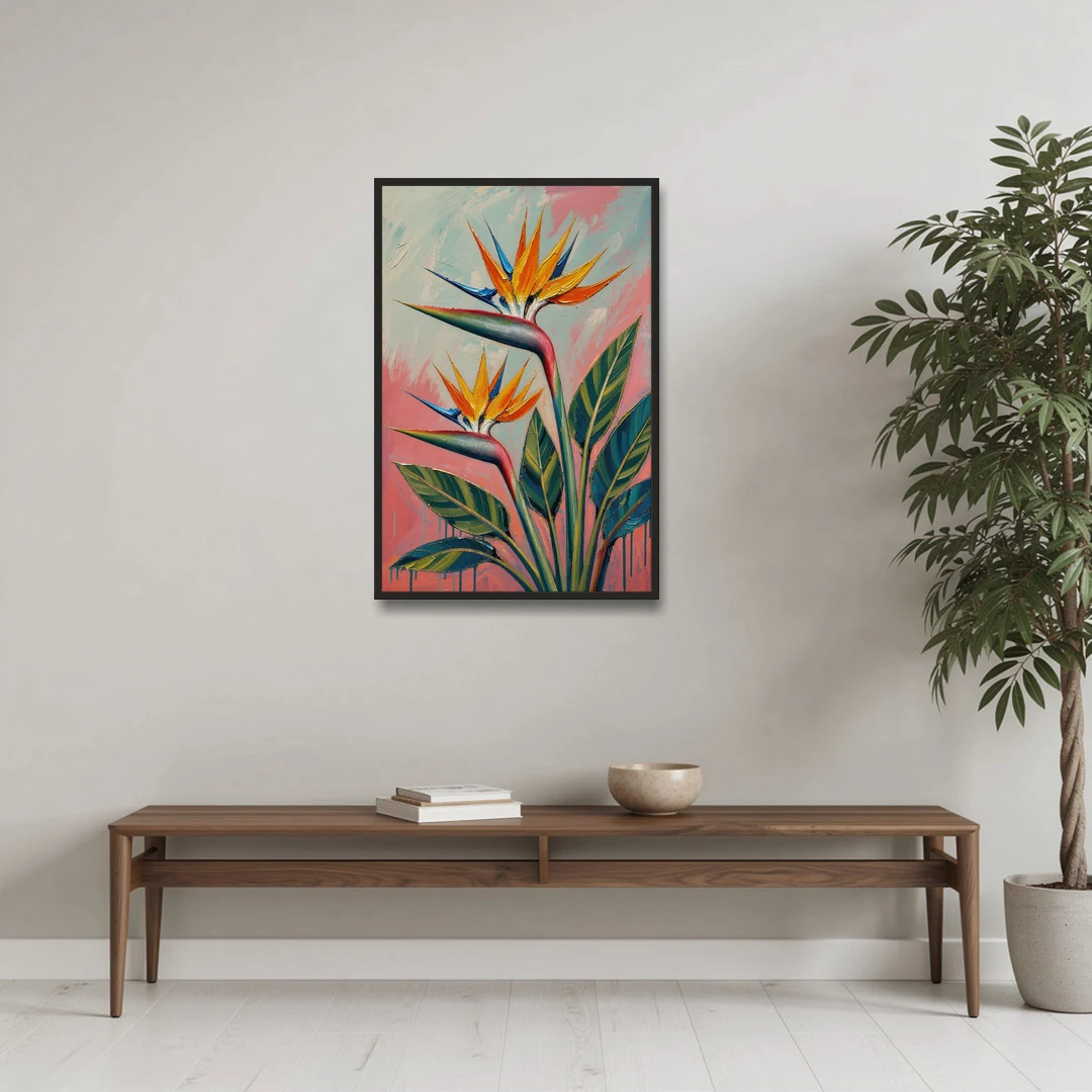 Bird of Paradise Painting in Coral Heat - Black Framed Canvas Wall Art - Coffee Table - 24x36