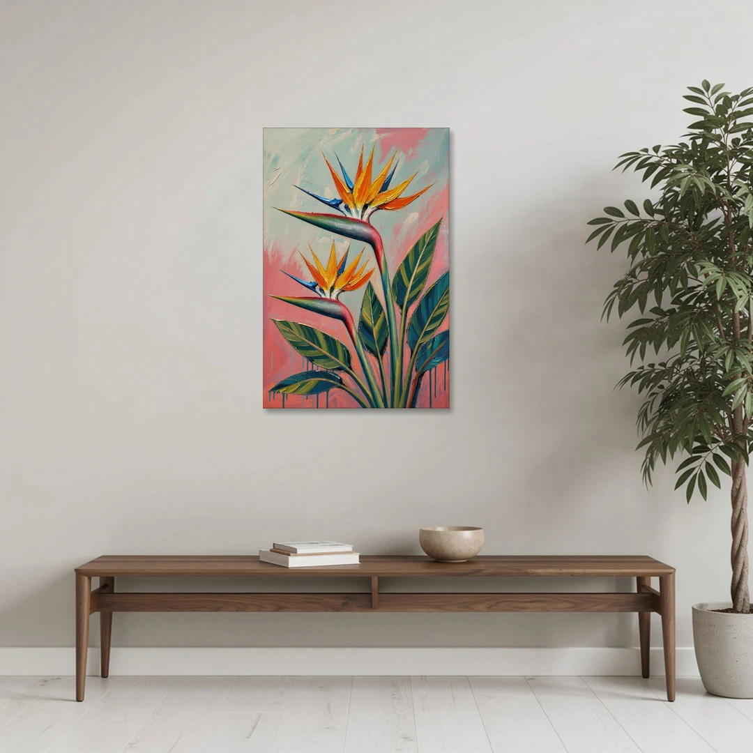 Bird of Paradise Painting in Coral Heat - Canvas Wall Art - Coffee Table - 24x36