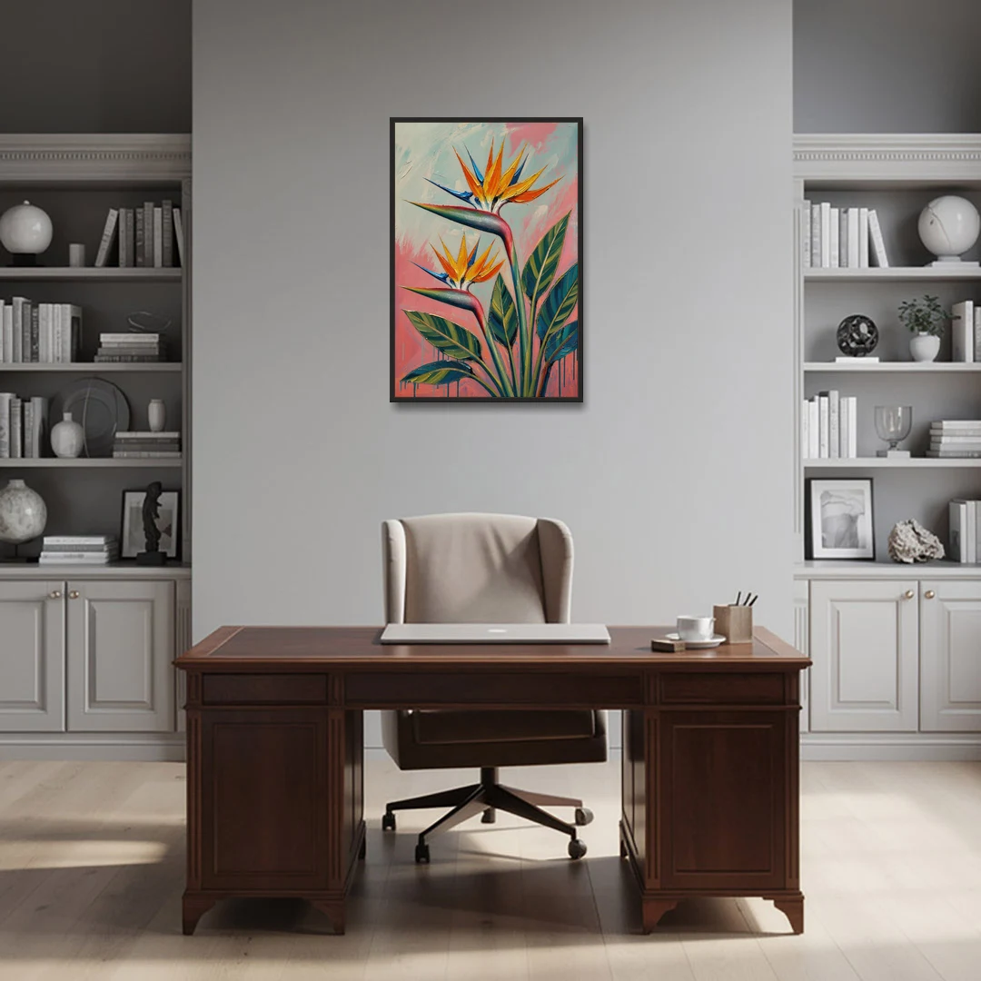 Bird of Paradise Painting in Coral Heat - Black Framed Canvas Wall Art - Office - 24x36