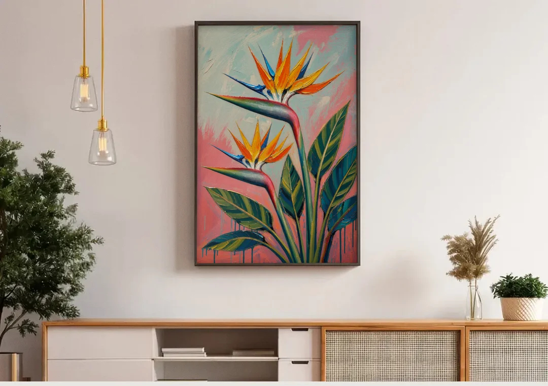 Bird of Paradise Painting in Coral Heat canvas wall art above a wooden sideboard under pendant lights