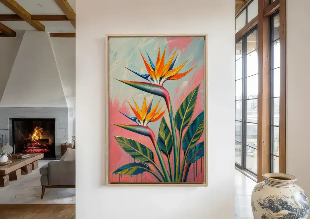 Bird of Paradise Painting in Coral Heat canvas wall art in a living room with a fireplace