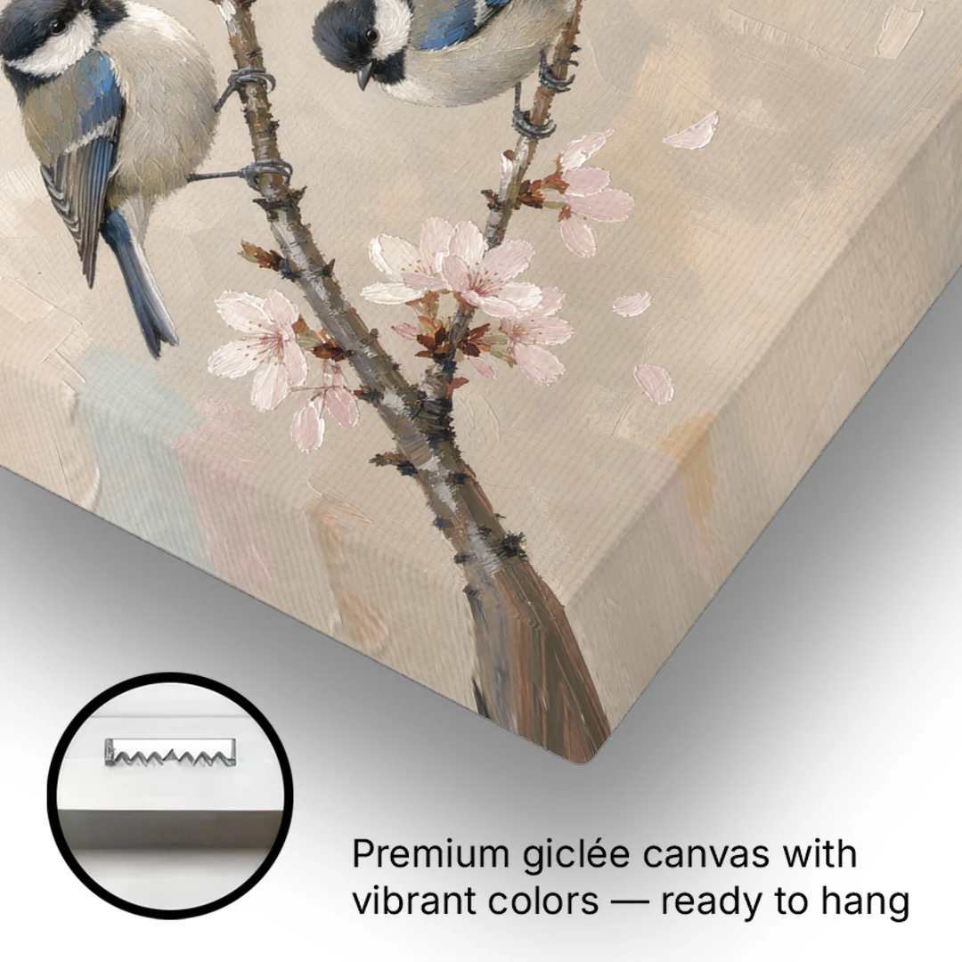 Bird on Branch Painting with Cherry Blossoms - Canvas Wall Art - Gallery Wrap Corner