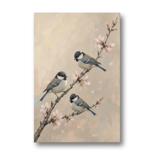 Bird on Branch Painting with Cherry Blossoms - Canvas Wall Art - Front