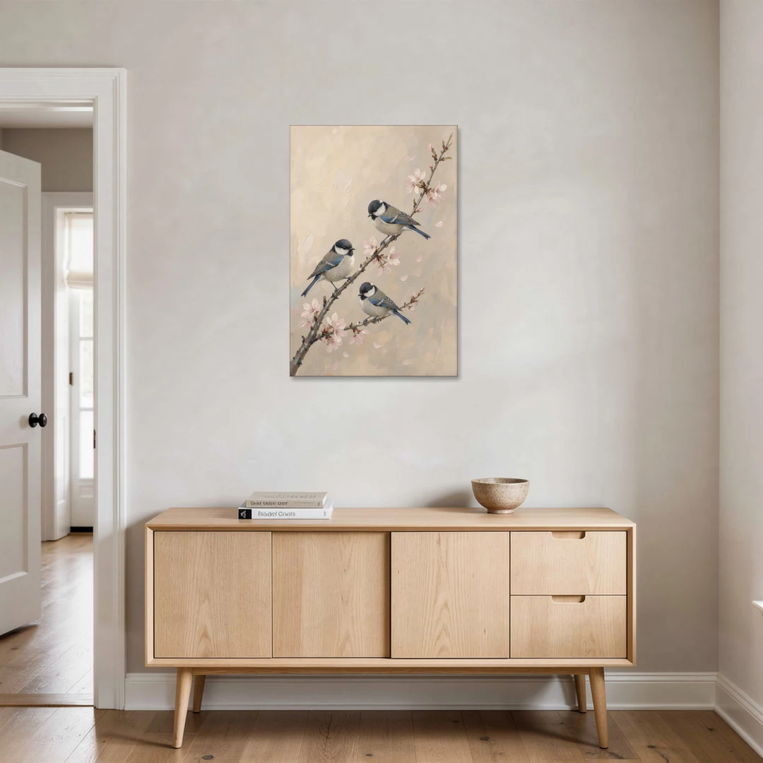 Bird on Branch Painting with Cherry Blossoms - Canvas Wall Art - Coffee Table - 24x36