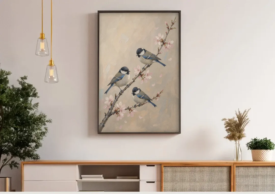 Bird on Branch Painting with Cherry Blossoms canvas wall art above a wooden sideboard under pendant lights